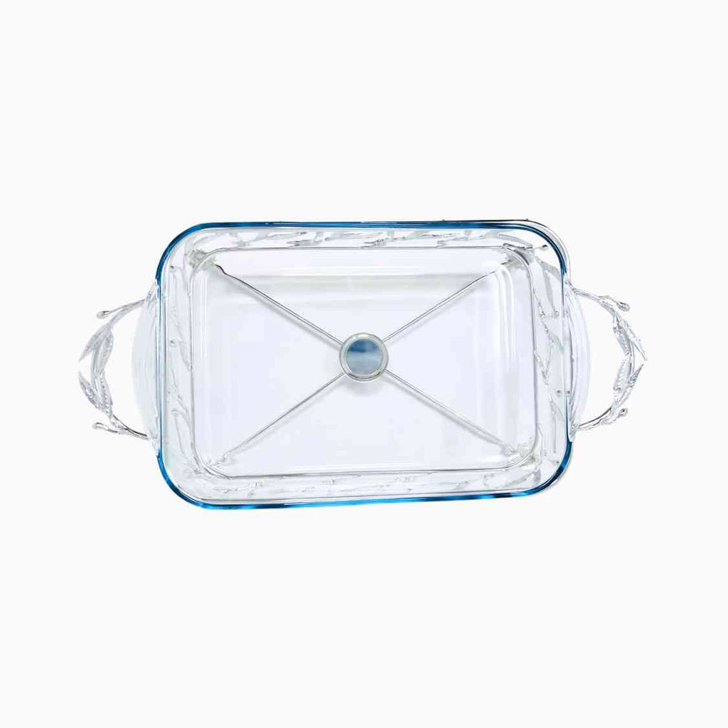 PYREX SERVING DISH ON SILVER TONE STAND WITH WARMER