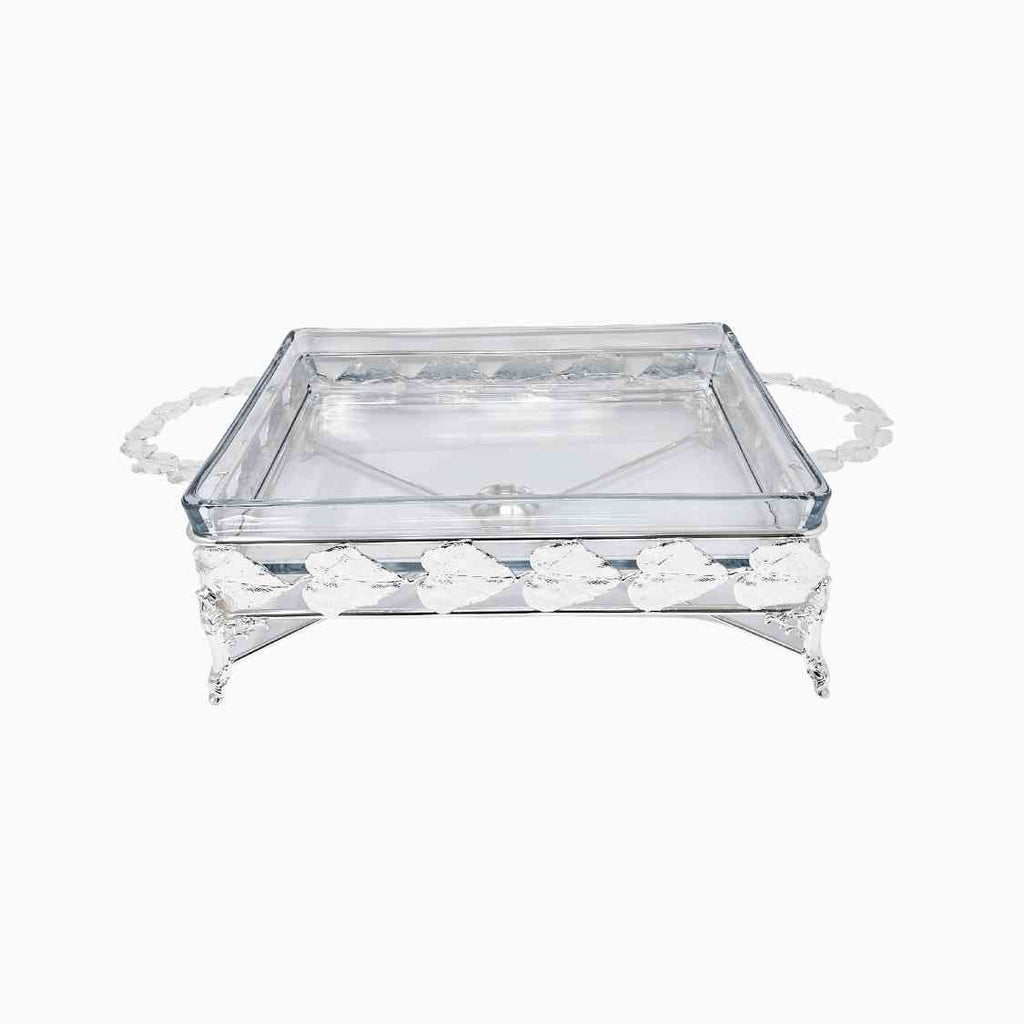 PYREX SERVING DISH ON SILVER TONE STAND WITH WARMER