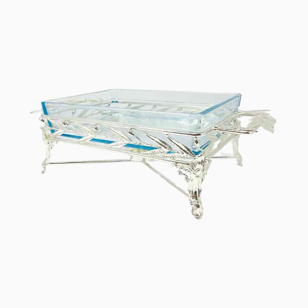 RECTANGULAR GLASS SERVING DISH ON SILVER TONE STAND WITH WARMER