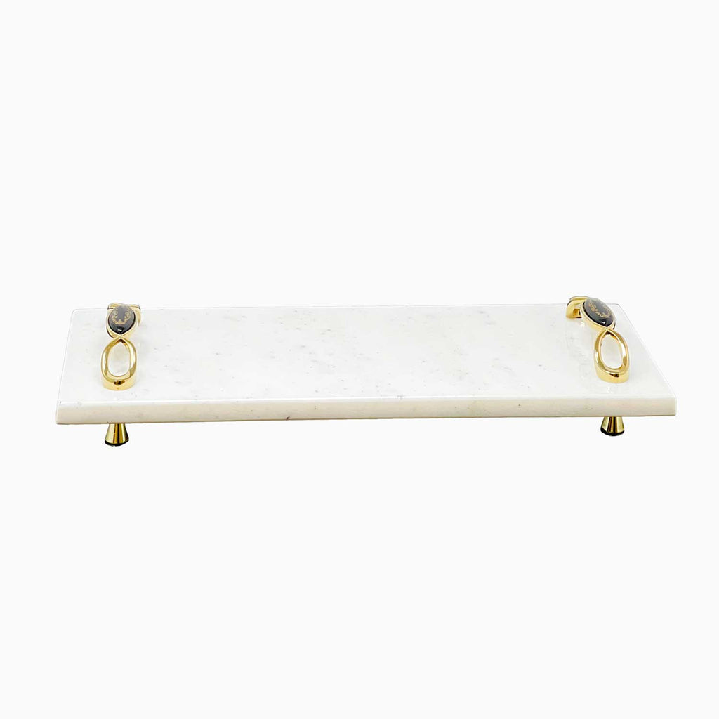 RECTANGULAR MARBLE SERVING BOARD WITH GOLD CHAIN LINK HANDLES