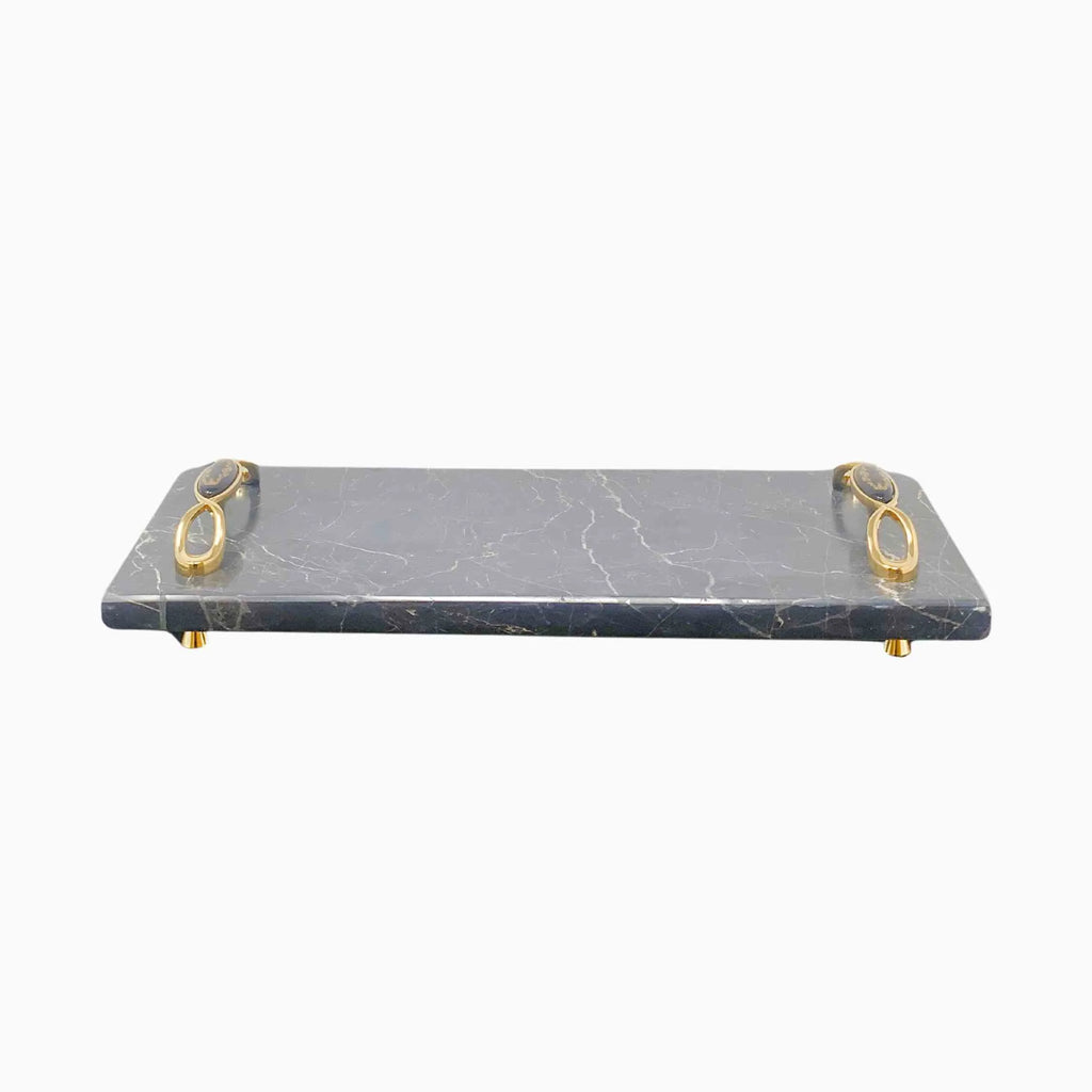 RECTANGULAR MARBLE SERVING BOARD WITH GOLD CHAIN LINK HANDLES