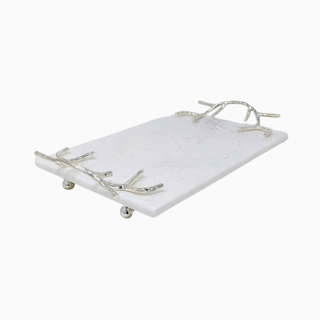 RECTANGULAR MARBLE SERVING BOARD, WITH SILVER BRANCH