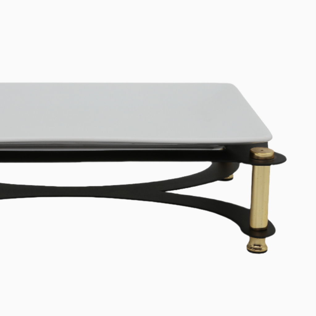 RECTANGULAR SERVING PLATE ON BLACK AND GOLD STAND
