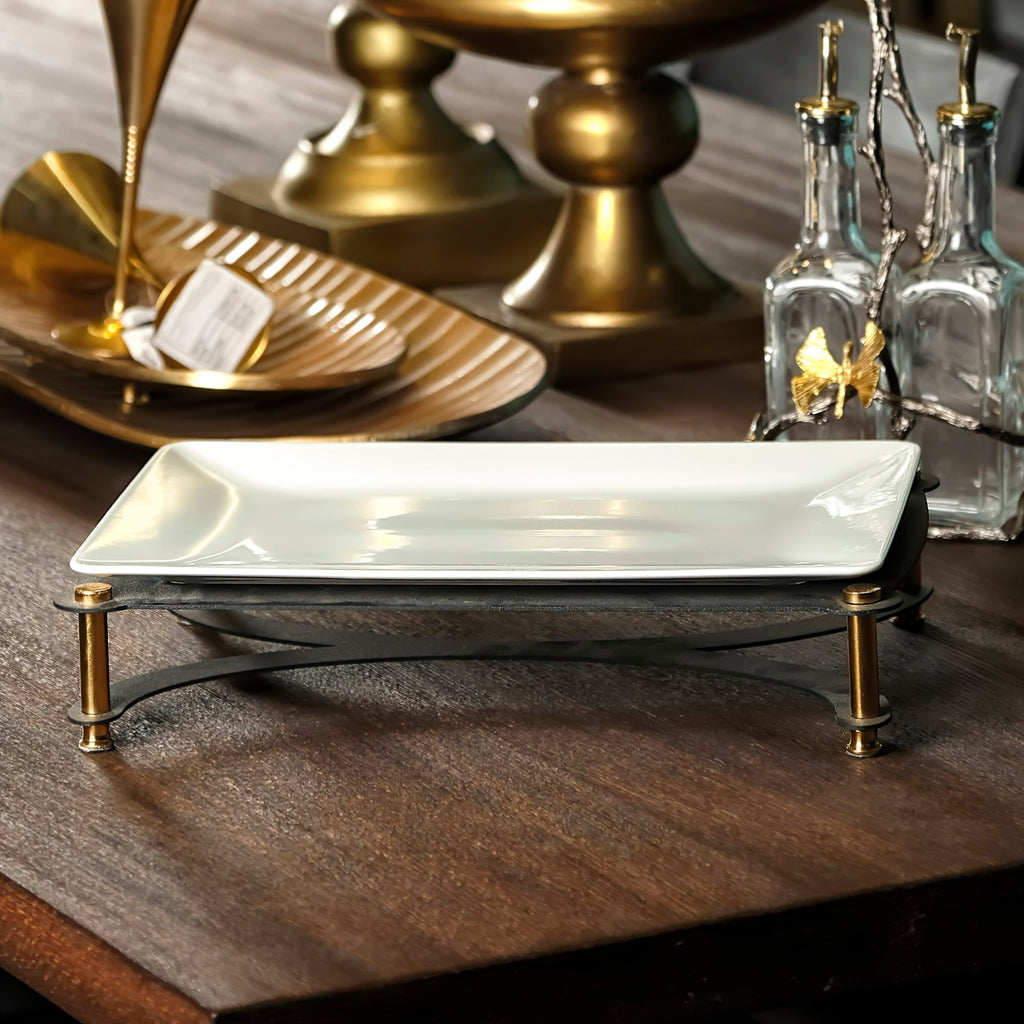 RECTANGULAR SERVING PLATE ON BLACK AND GOLD STAND