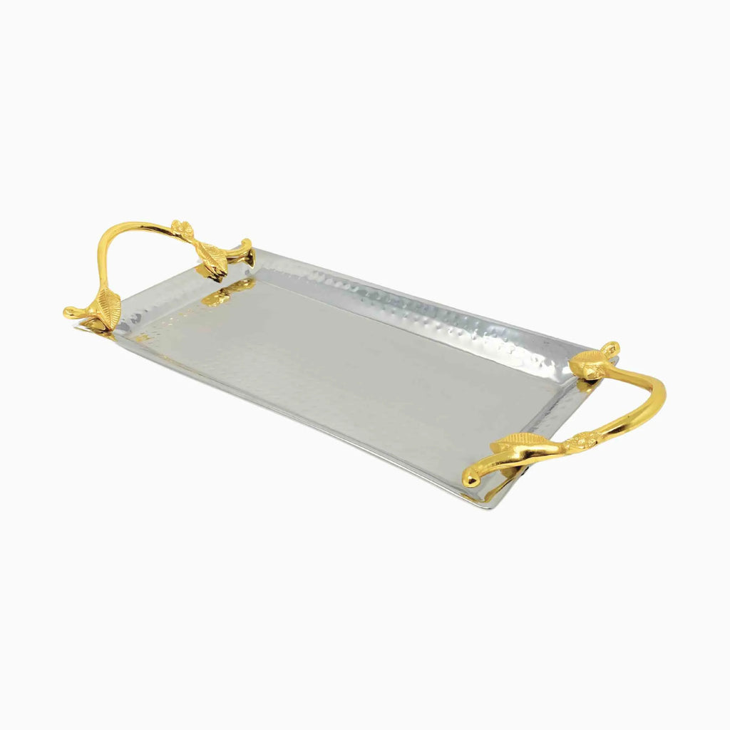 RECTANGULAR SILVER TRAY WITH GOLD BRANCH HANDLES