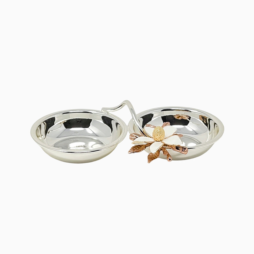 ROUND DOUBLE SERVING DISH WITH ENEMAL HANDLE ,WHITE FLOWER ,SMALL