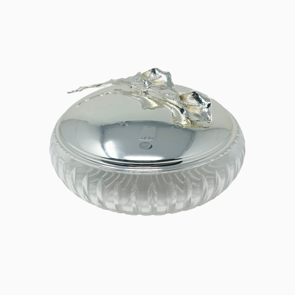 ROUND GLASS SERVING BOWL WITH SILVER TONE LID, LILY COLLECTION
