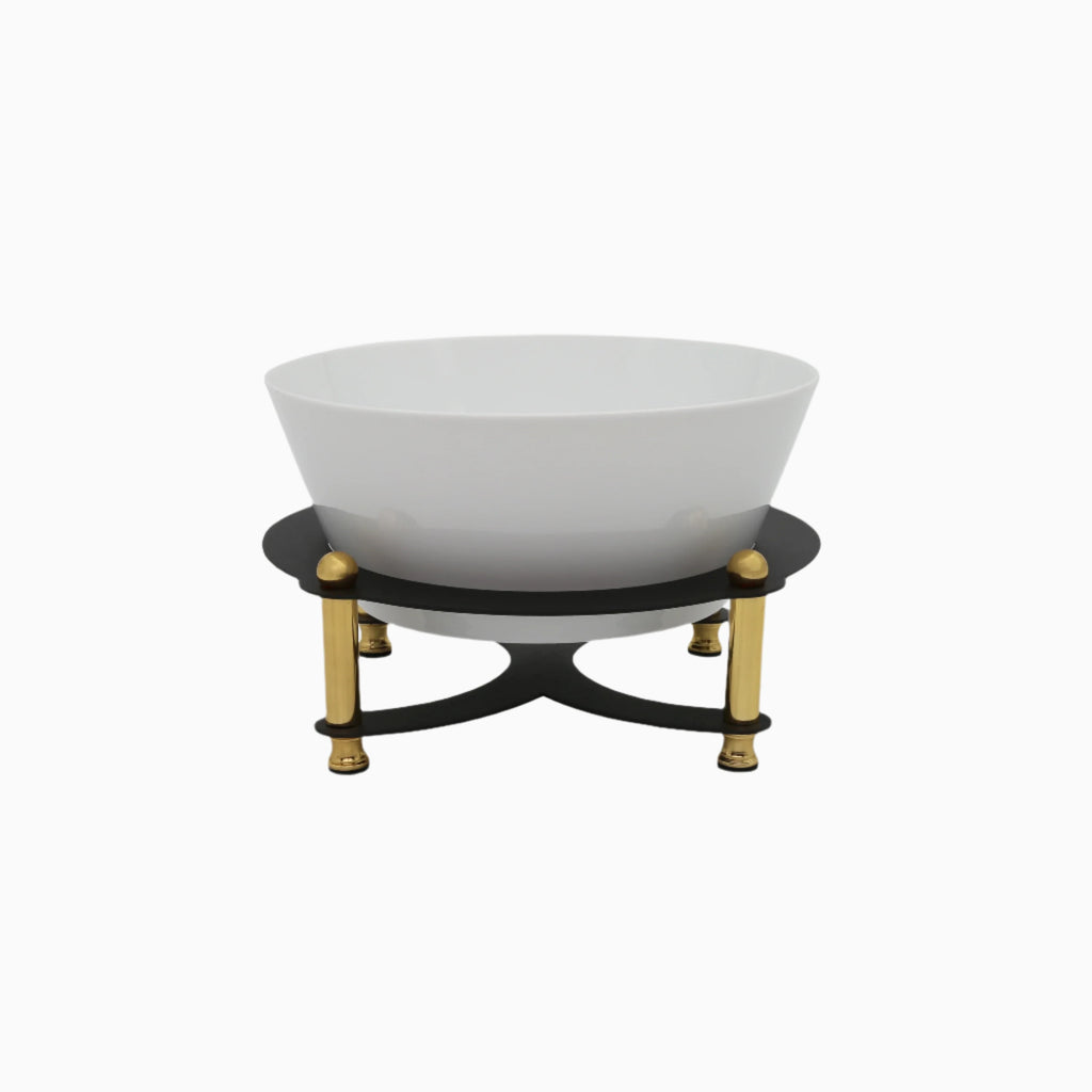 ROUND SERVING BOWL ON BLACK AND GOLD STAND. NOBLE HOME GIFTS
