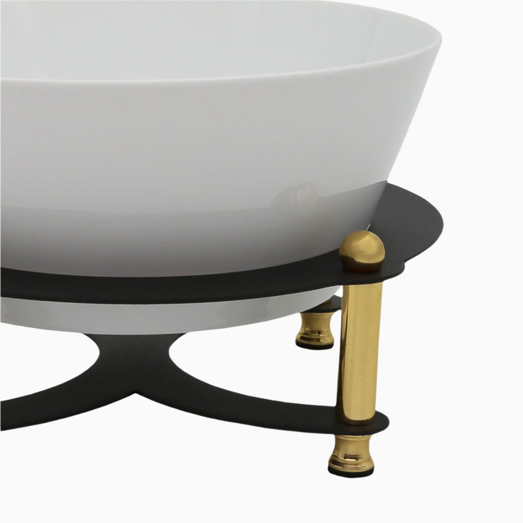 ROUND SERVING BOWL ON BLACK AND GOLD STAND