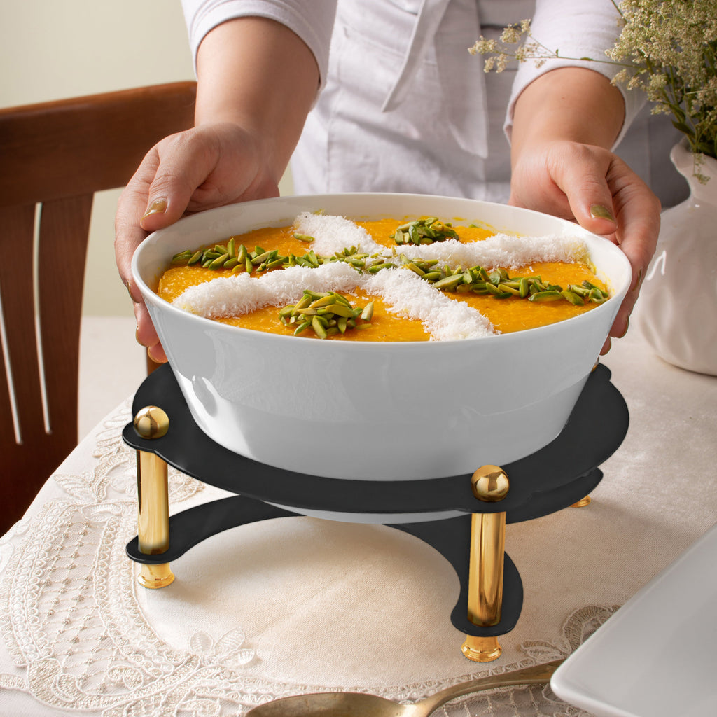 ROUND SERVING BOWL ON BLACK AND GOLD STAND