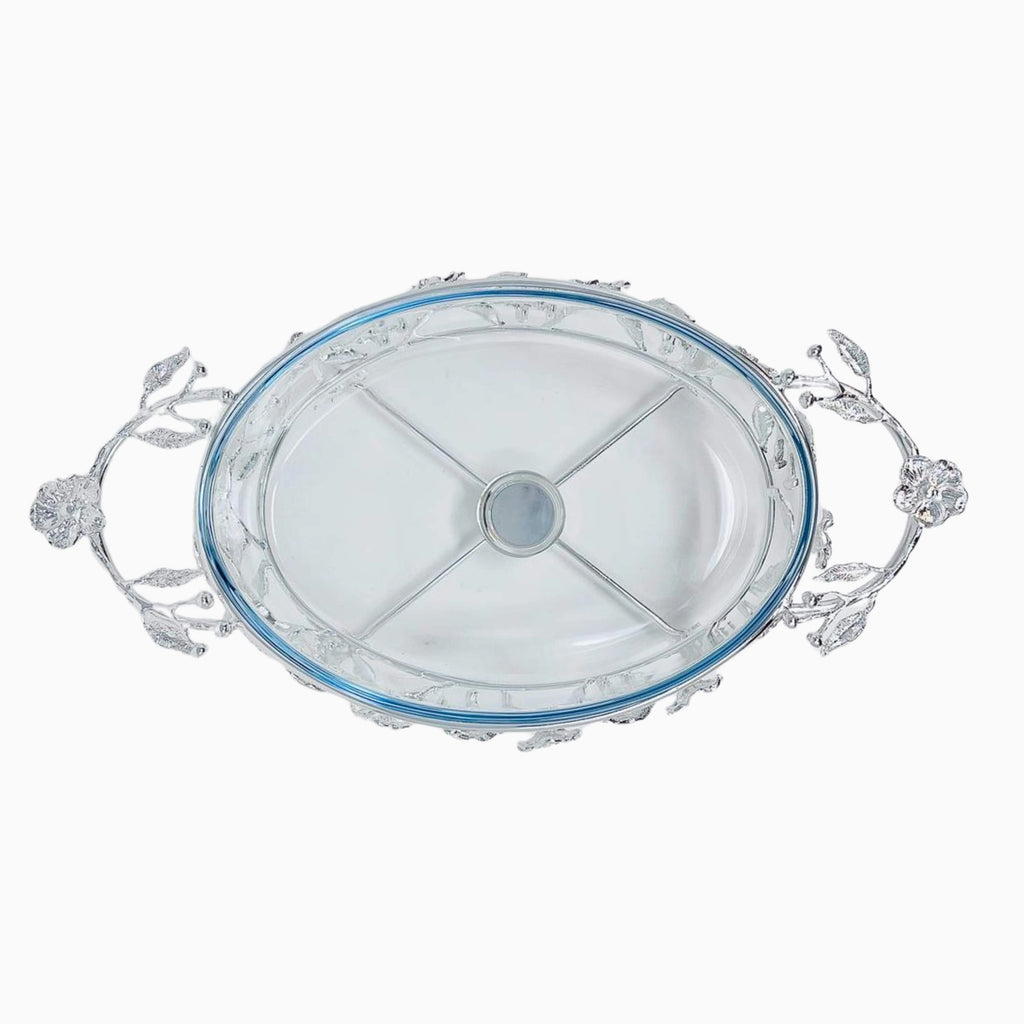 ROUND SILVER TONE PYREX SERVING DISH WITH WARMER