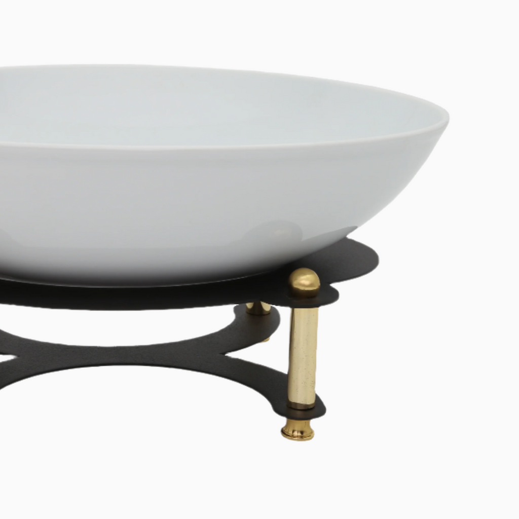 ROUND SOUP BOWL ON BLACK AND GOLD STAND