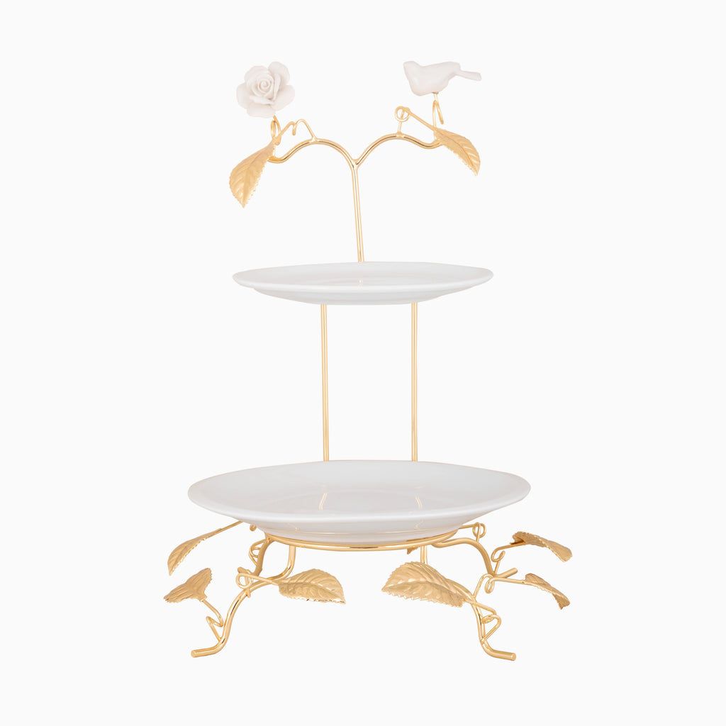ROUND TWO TIER SERVING PLATE ON GOLDEN TONE STAND, FLOWER AND BIRD COLLECTION. NOBLE HOME GIFTS