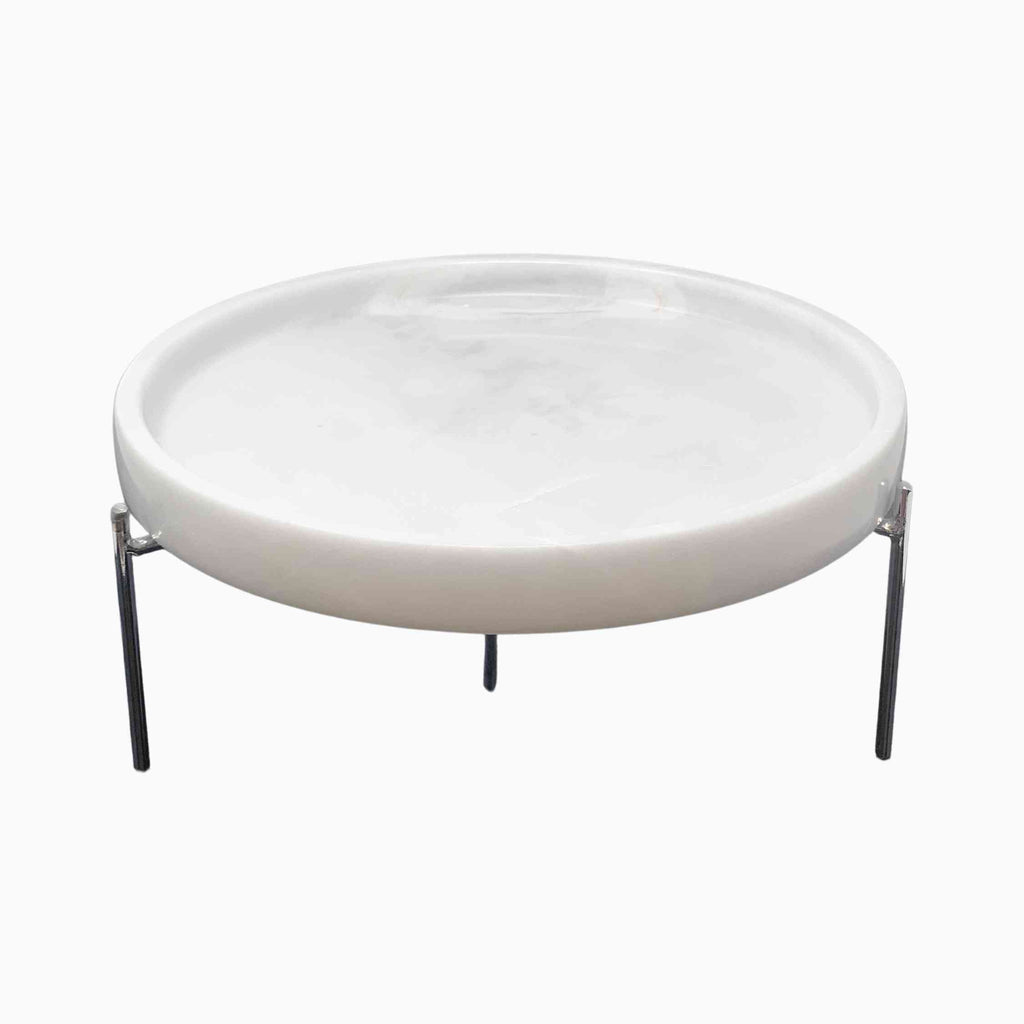 ROUND WHITE MARBLE SERVING BOARD ON STAND