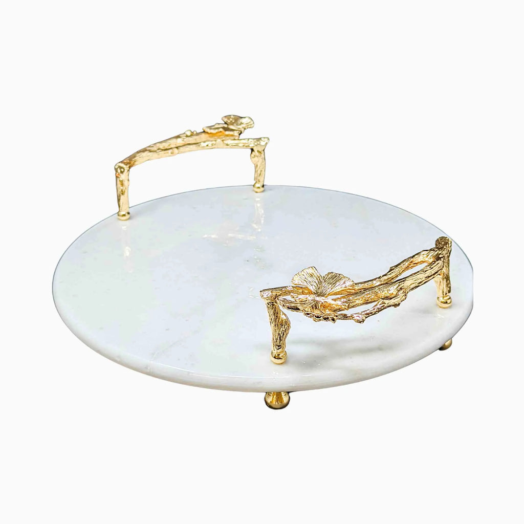 ROUND WHITE MARBLE SERVING TRAY WITH GOLD BUTTERFLY HANDLES