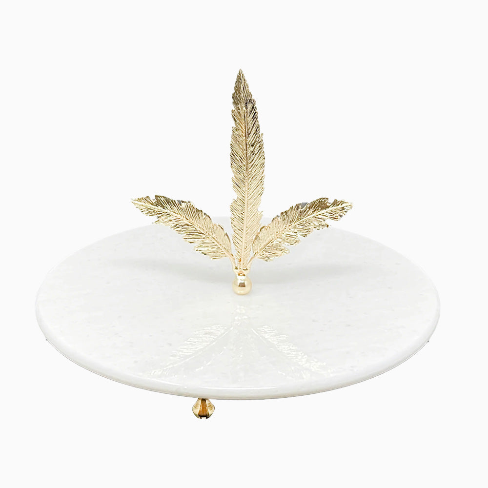 ROUND WHITE MARBLE SNACK PLATE WITH GOLD TONE HANDLE FEATHER LEAF - Noble Home Gifts 