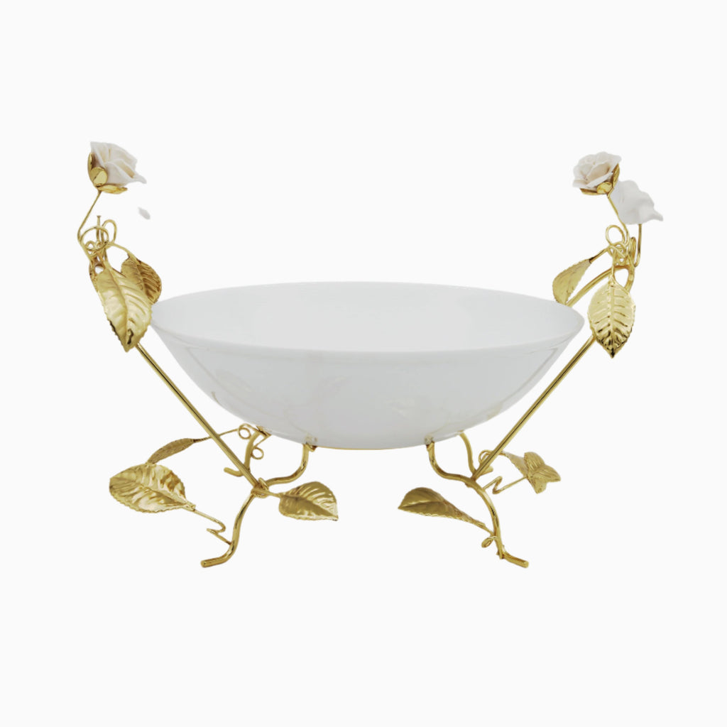 ROUND WHITE SERVING BOWL ON GOLDEN TONE STAND, FLOWER AND BIRD COLLECTION
