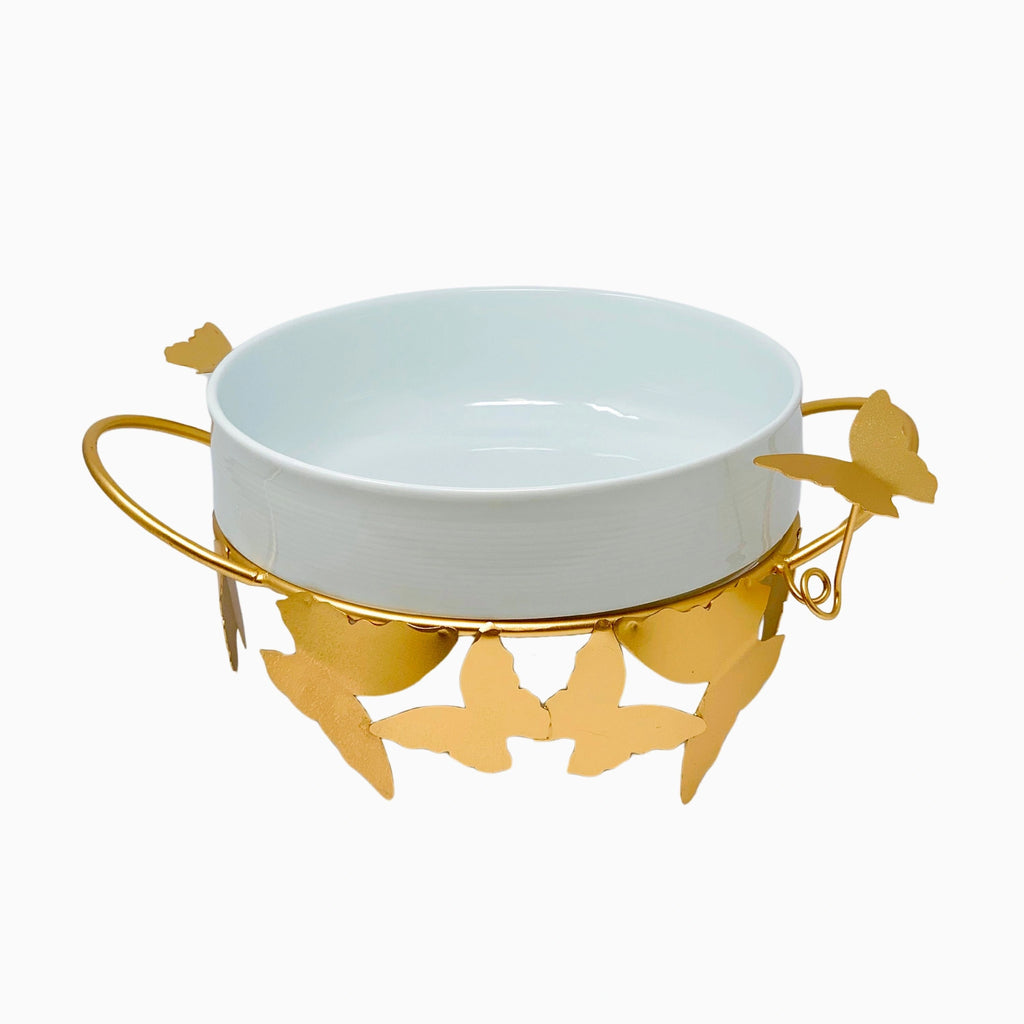 ROUND WHITE SERVING BOWL ON GOLD STAND