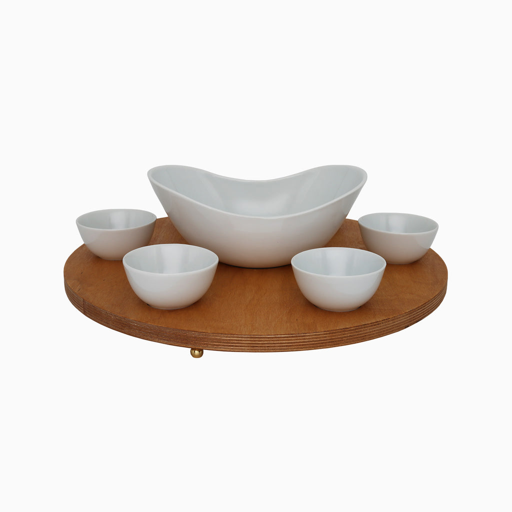 Round Wooden Serving Platter with White Porcelain Bowls. NOBLE HOME GIFTS