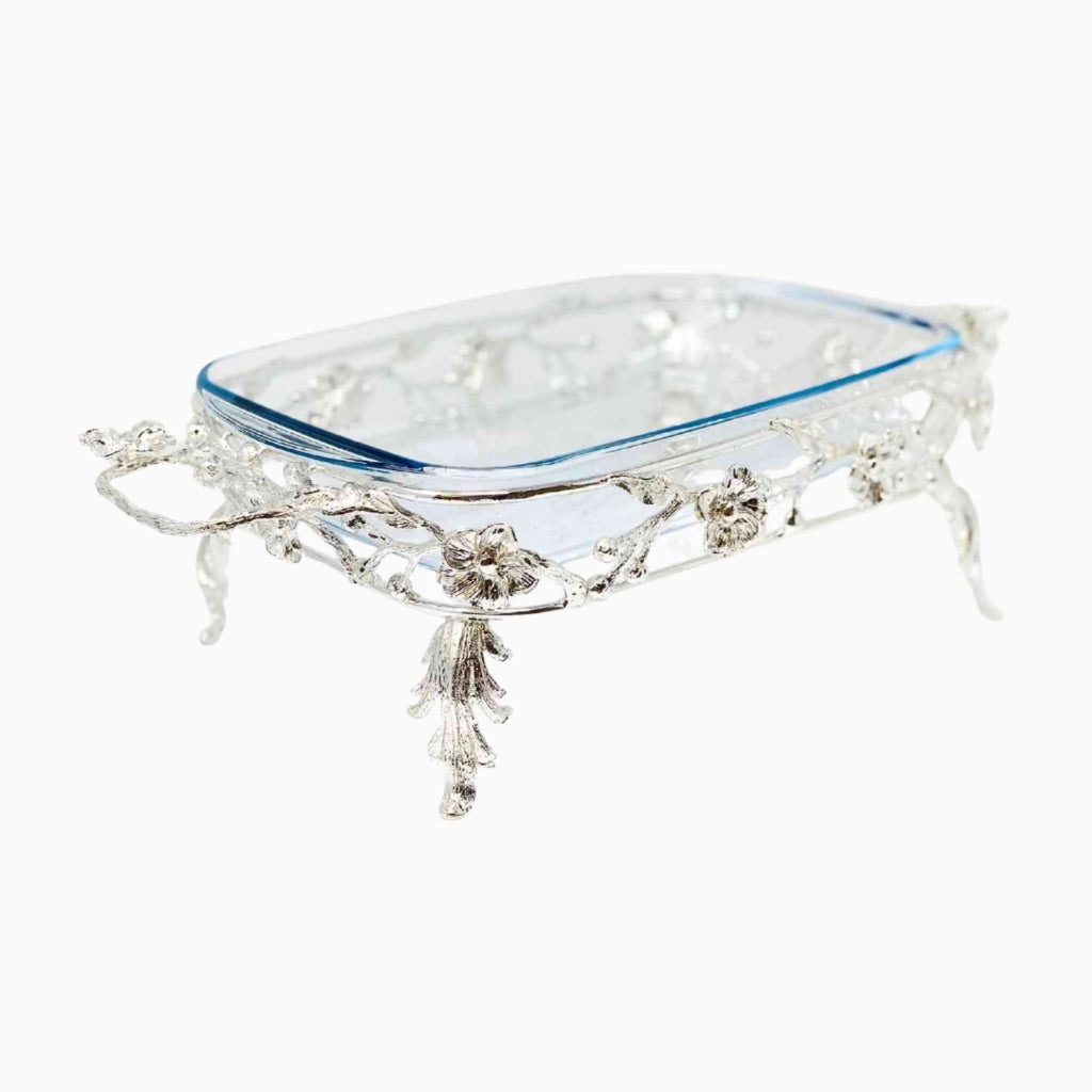 SILVER RECTANGULAR PYREX SERVING DISH ON ORCHID FLOWER STAND