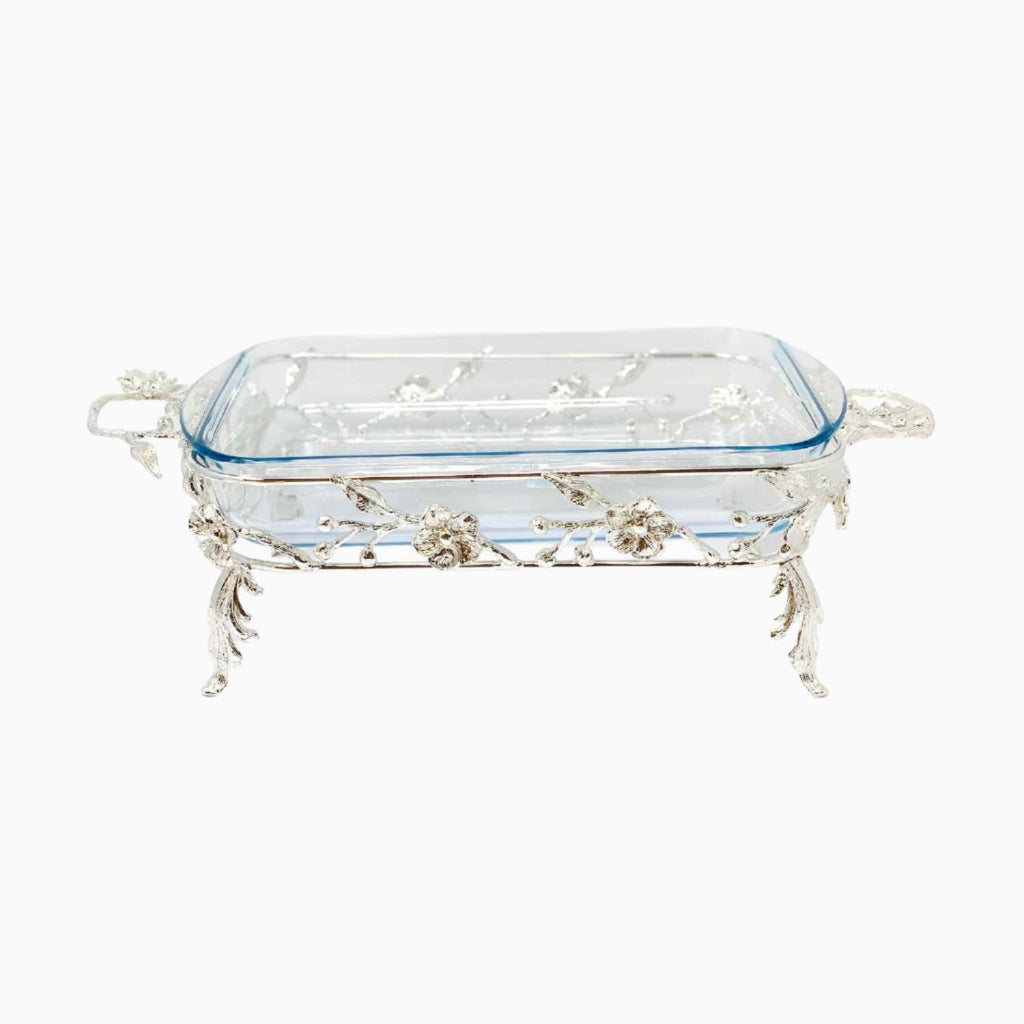 SILVER RECTANGULAR PYREX SERVING DISH ON ORCHID FLOWER STAND
