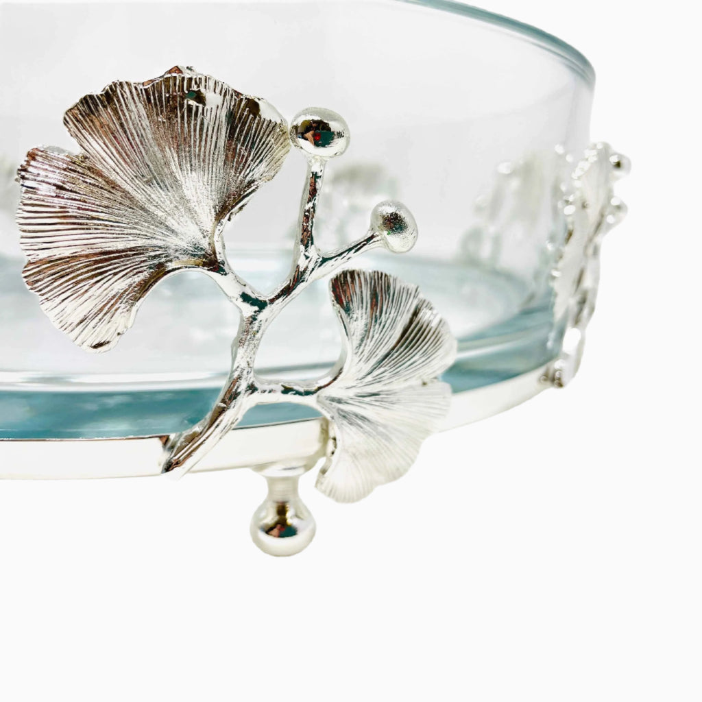 SILVER TONE GLASS SERVING BOWL