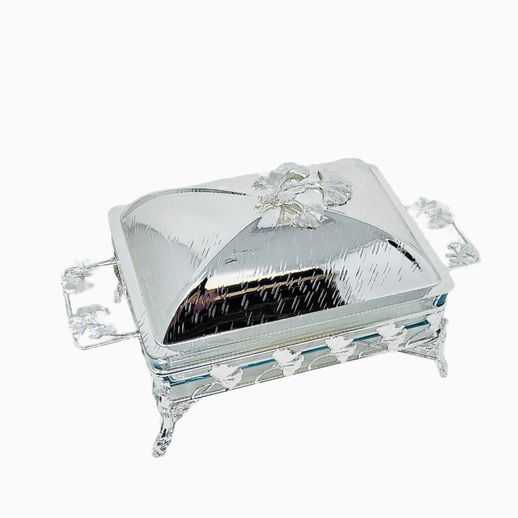 SILVER TONE PYREX SERVING DISH WITH WARMER, BUTTERFLY COLLECTION