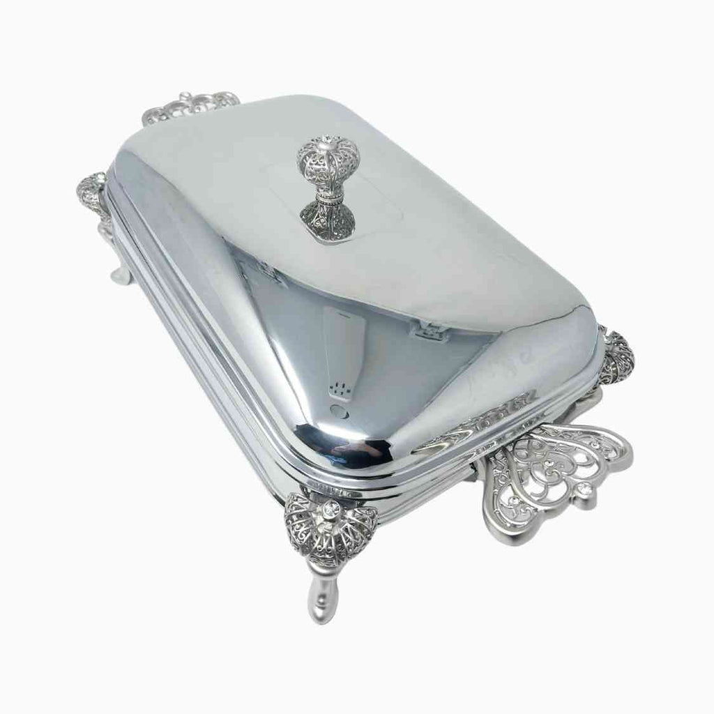 SILVER TONE RECTANGULAR SERVING DISH WITH WARMER