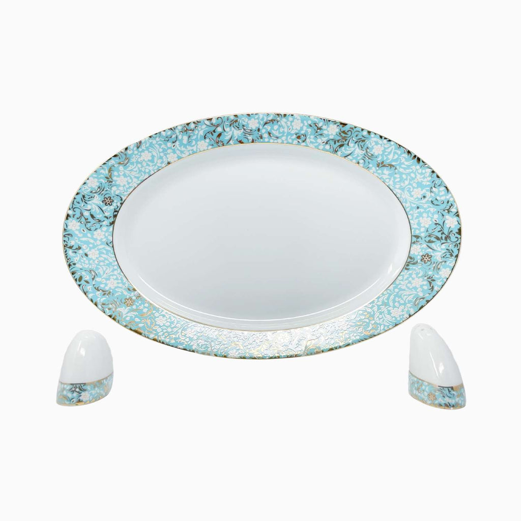 Round mirror with decorative blue floral border on a white background