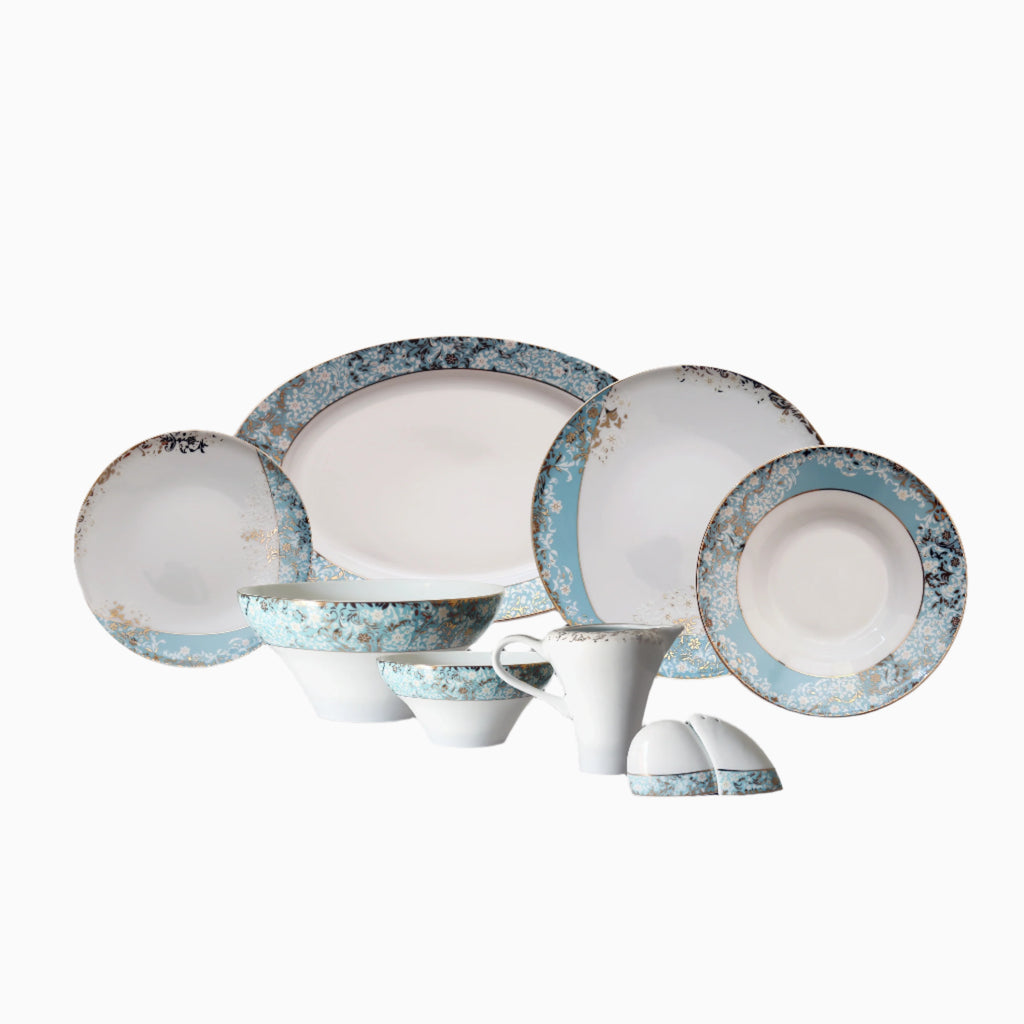 SIX PERSON 30-PIECE BLUE, WHITE, AND GOLD DINNERWARE SET