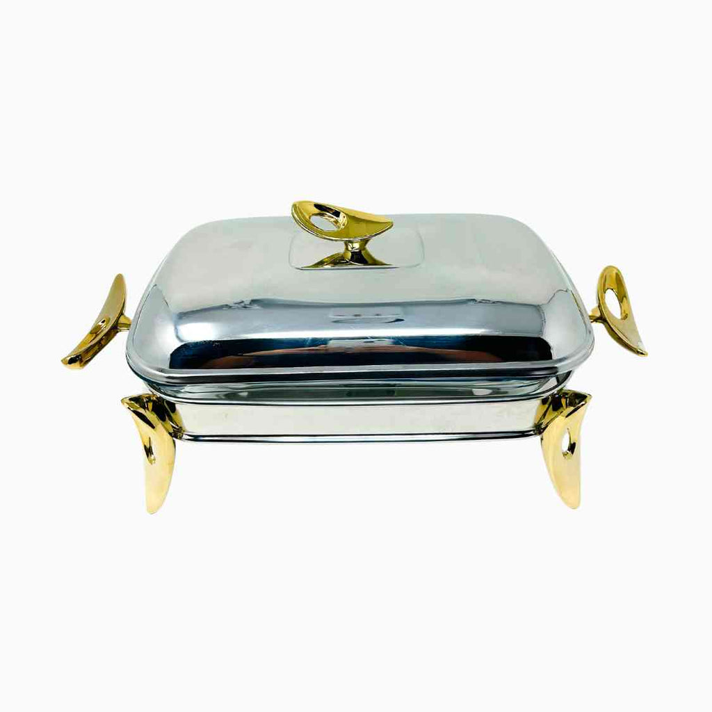 SMALL GOLD AND SILVER RECTANGULAR SERVING DISH WITH WARMER