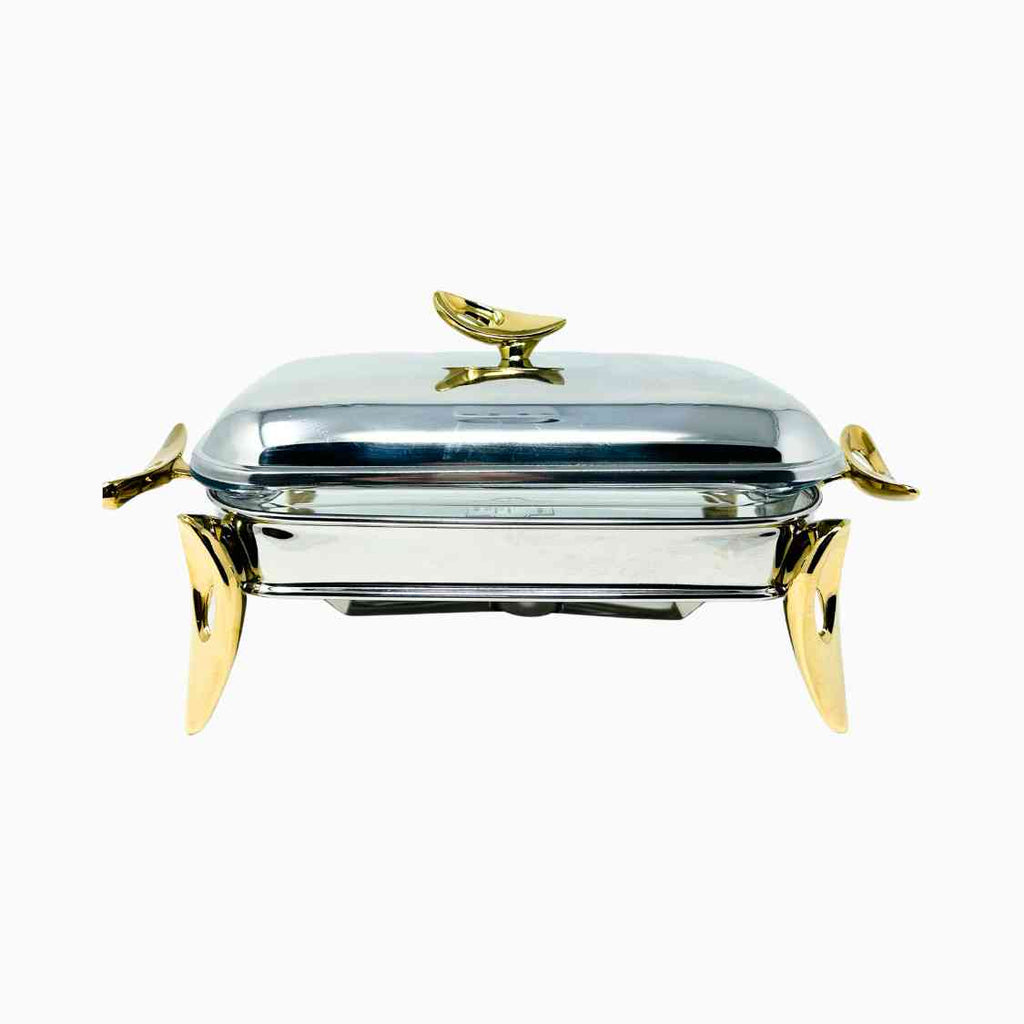 SMALL GOLD AND SILVER RECTANGULAR SERVING DISH WITH WARMER