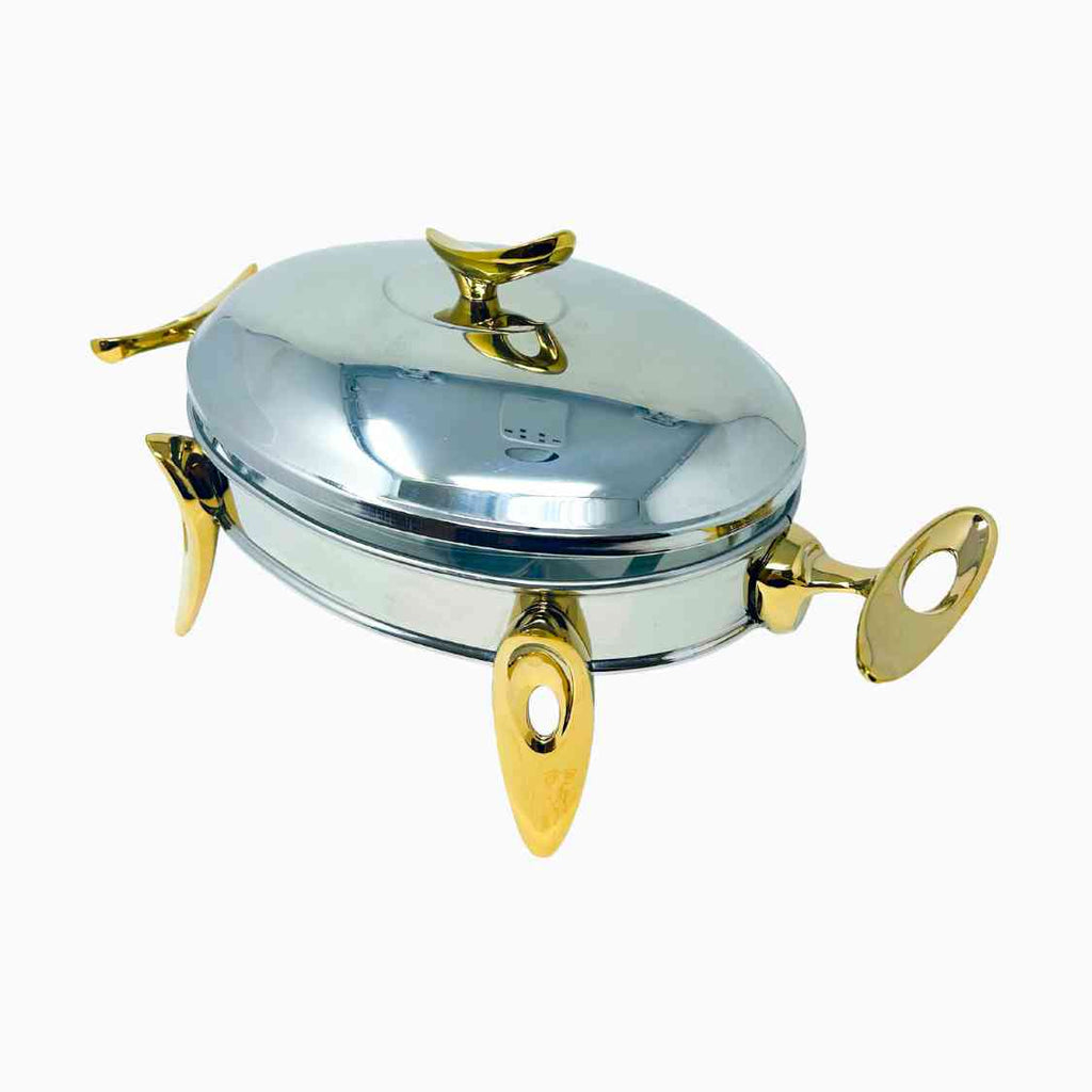 SMALL SILVER AND GOLD OVAL SERVING DISH WITH WARMER