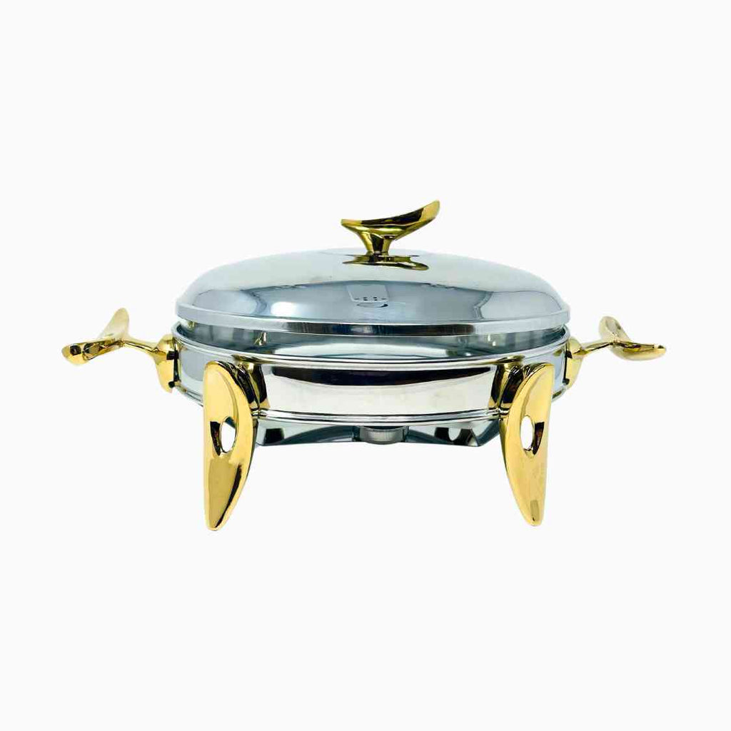 SMALL SILVER AND GOLD OVAL SERVING DISH WITH WARMER