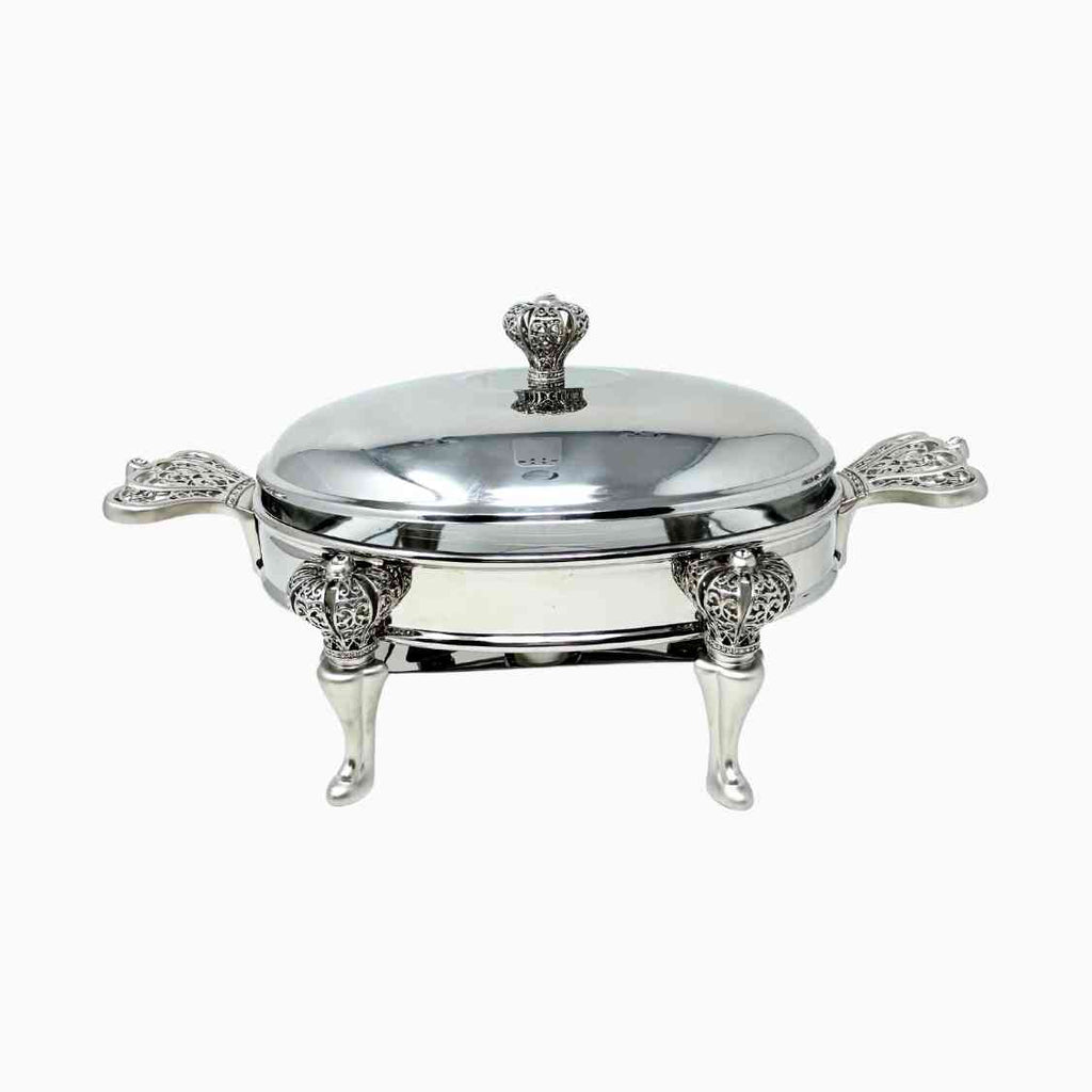 SMALL SILVER TONE OVAL SERVING DISH WITH WARMER