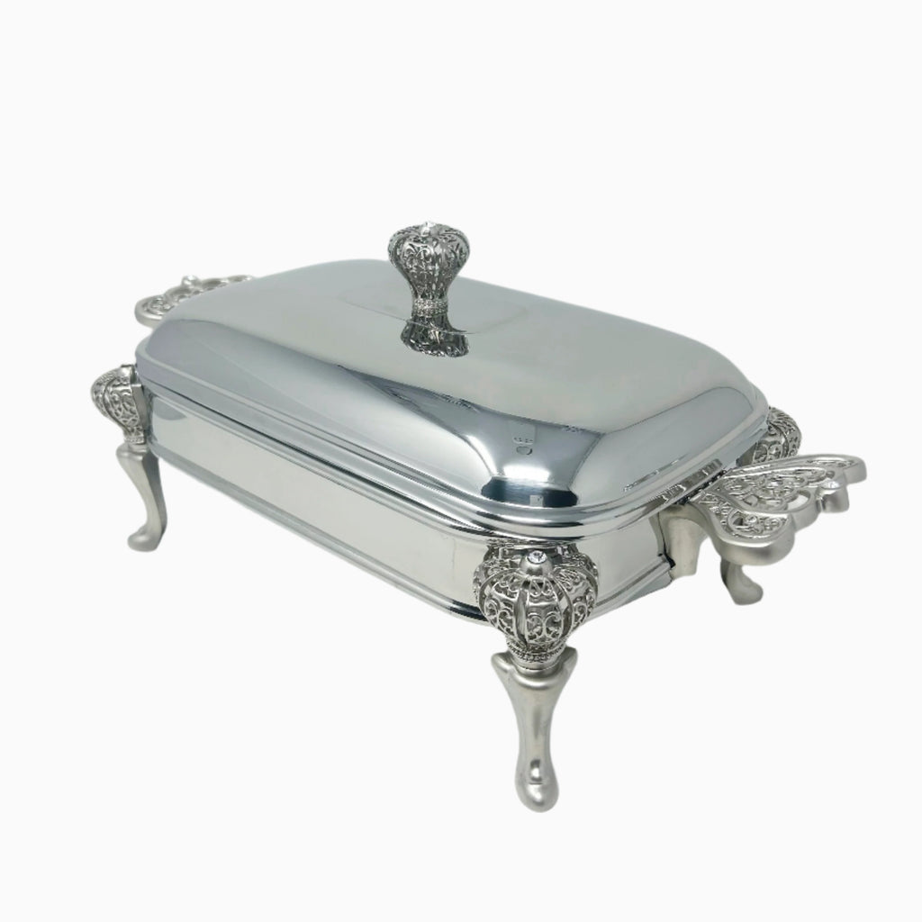 SMALL SILVER TONE RECTANGULAR SERVING DISH WITH WARMER