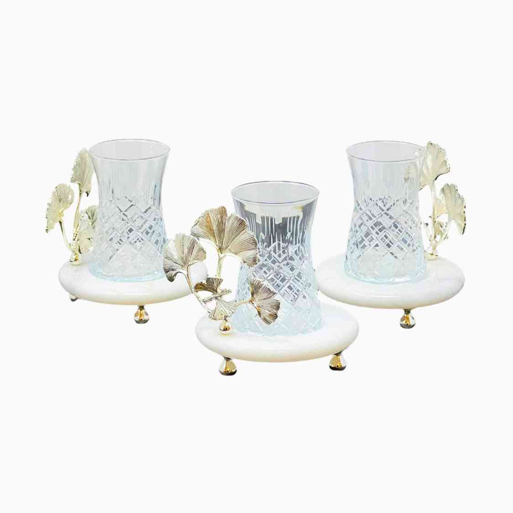 TEA_GLASS_WITH_MARBLE_SAUCER_WITH_SILVER_HANDLE. NOBLE HOME GIFTS