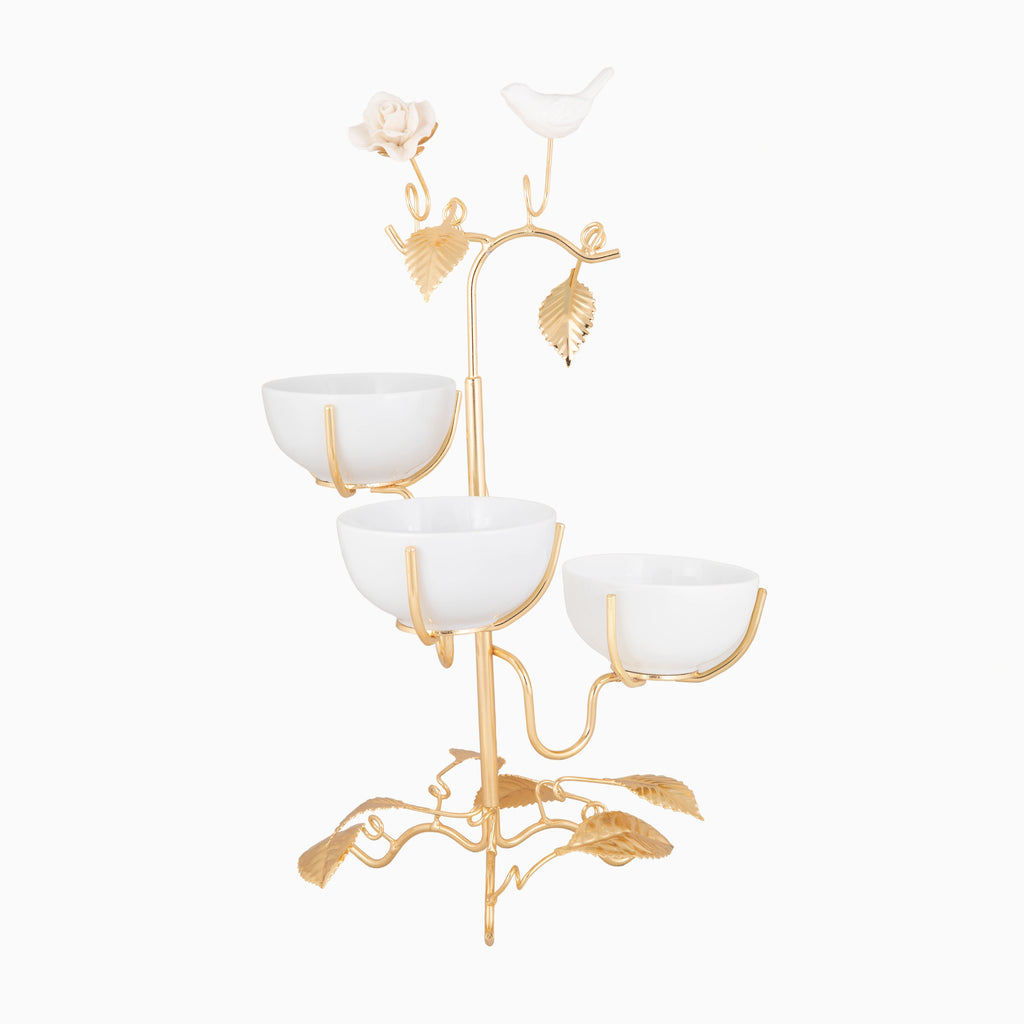 THREE-SECTION SNACK BOWL ON STAND, FLOWER AND BIRD COLLECTION. NOBLE HOME GIFTS