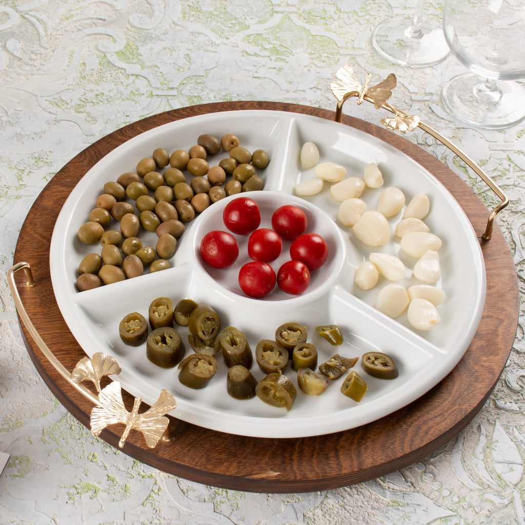 THREE SECTION SNACK PLATE ON WOODEN TRAY, BUTTERFLY COLLECTION