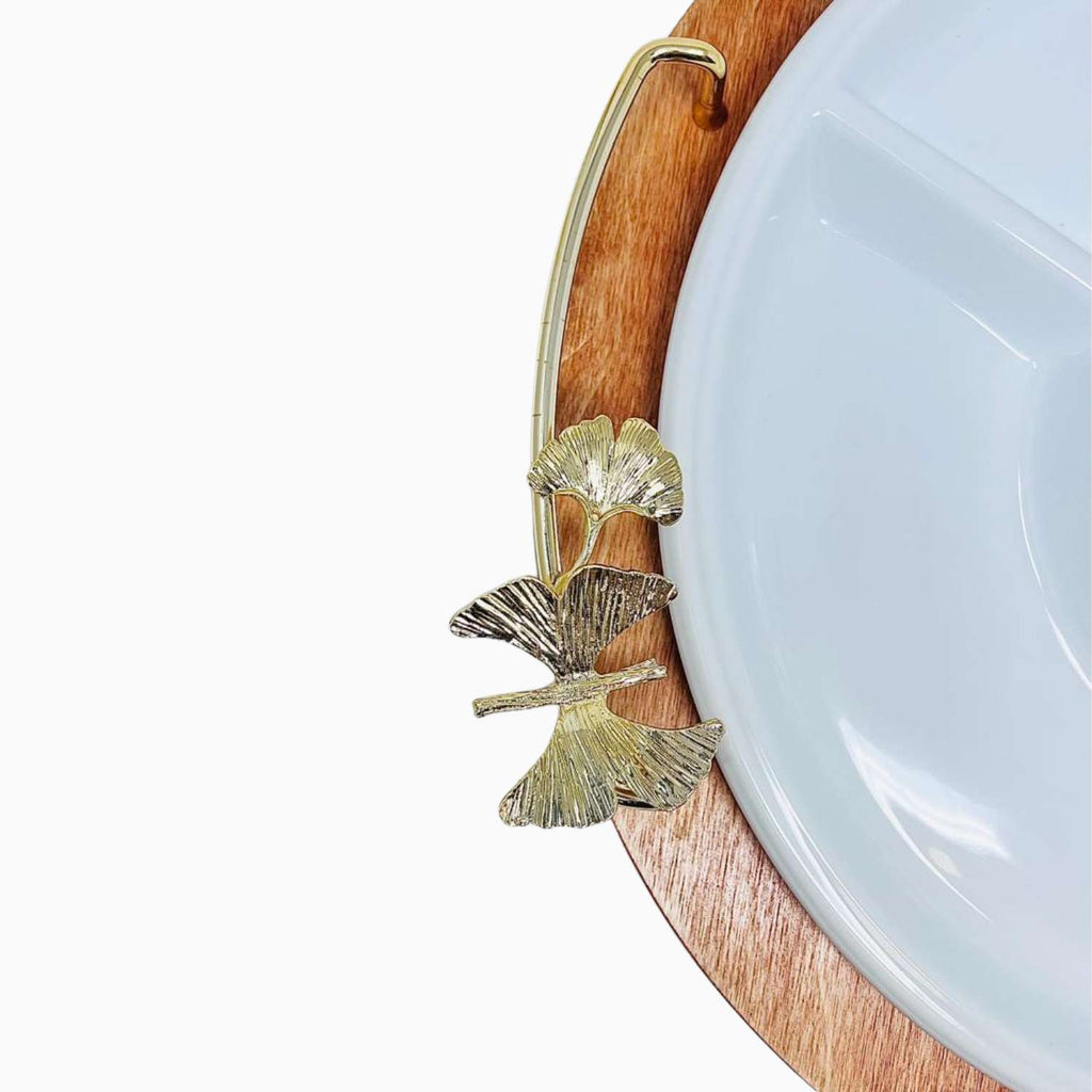 THREE SECTION SNACK PLATE ON WOODEN TRAY, BUTTERFLY COLLECTION
