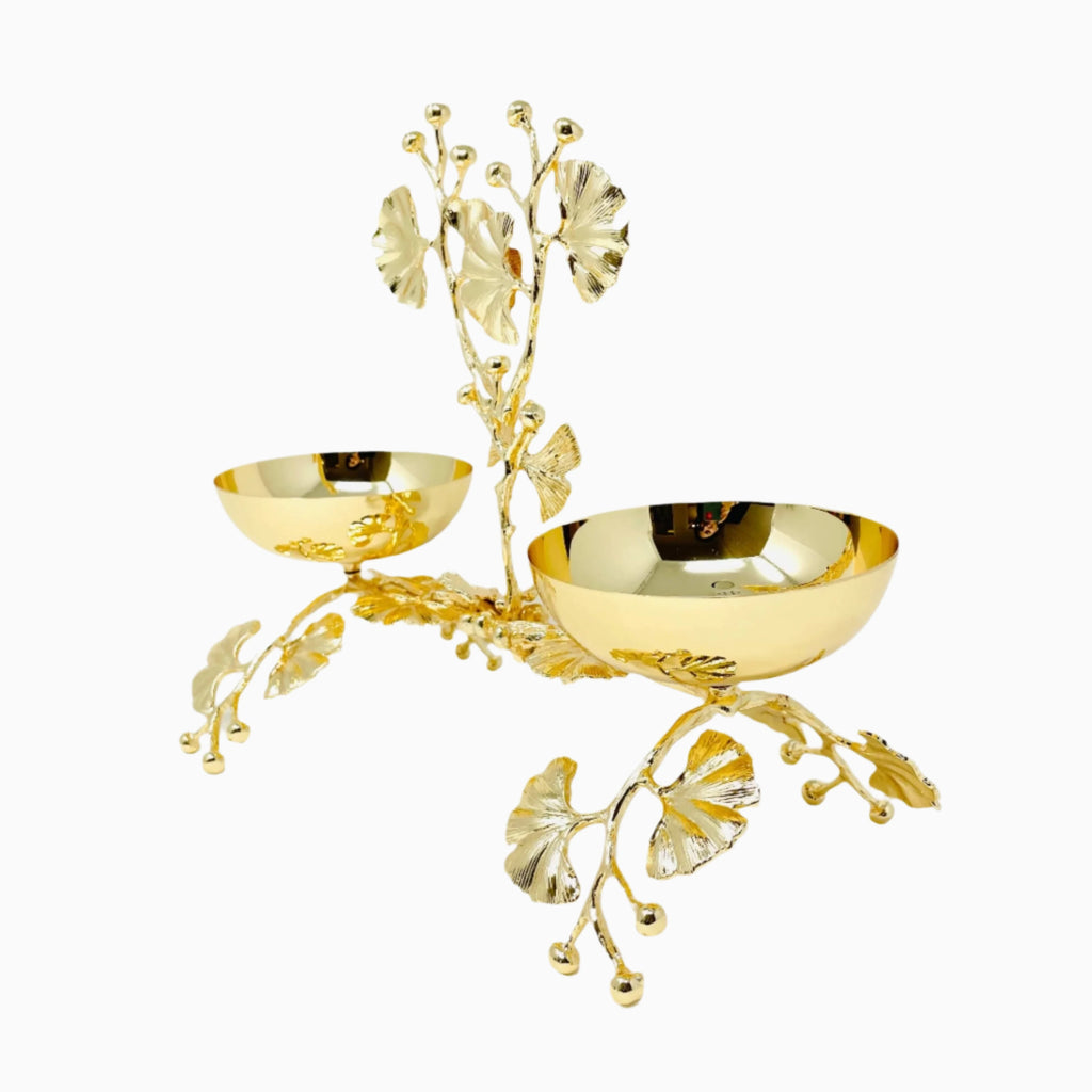 TWO-SECTION GOLDEN TONE SNACK BOWL ON STAND