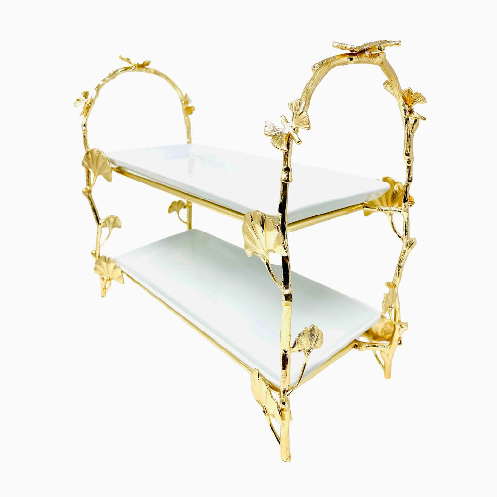 TWO-TIERED WHITE MARBLE TRAY WITH GOLD TONED HANDLE