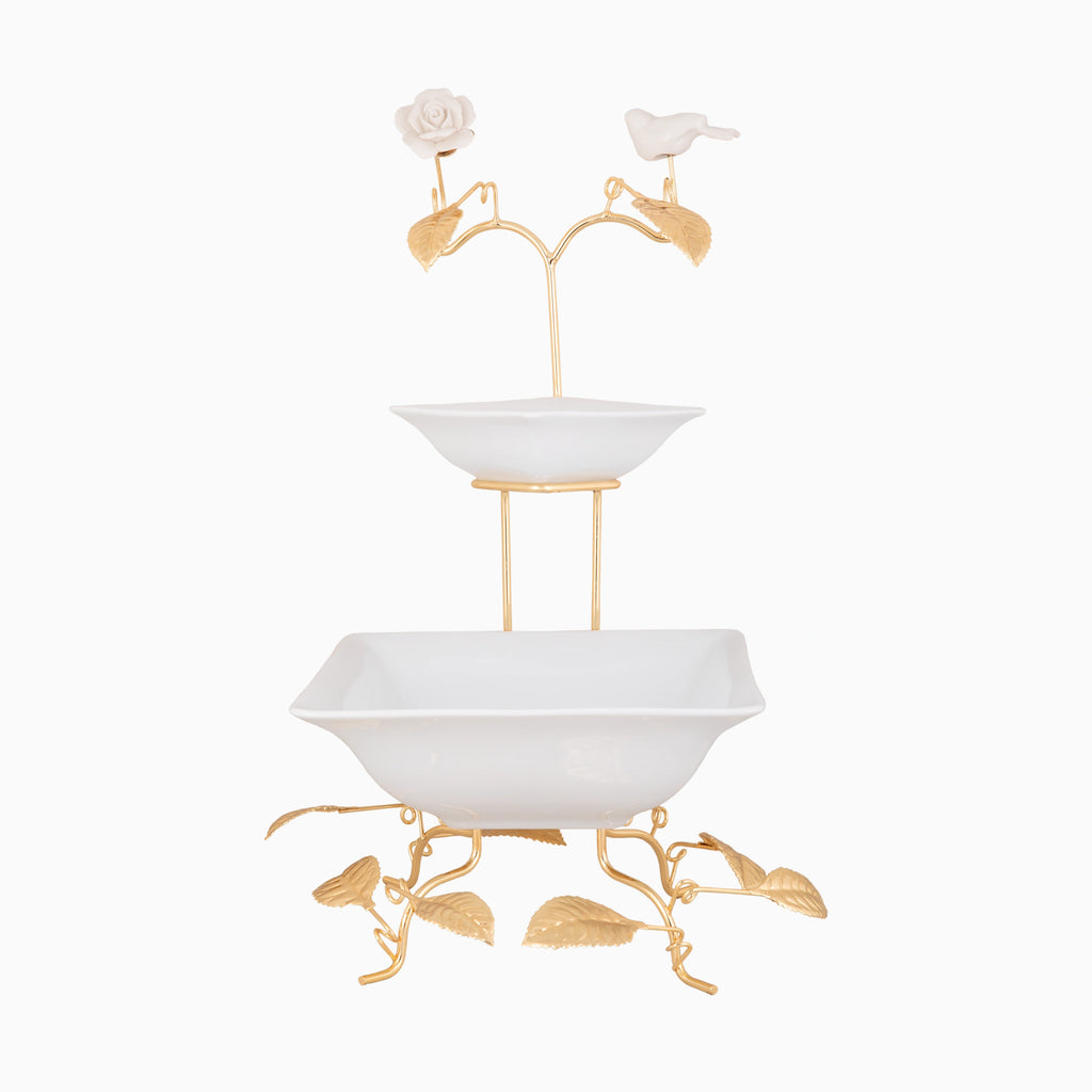 TWO-TIER SQUARE SNACK BOWL ON GOLDEN TONE STAND, FOWER AND BIRD COLLECTION. NOBLE HOME GIFTS