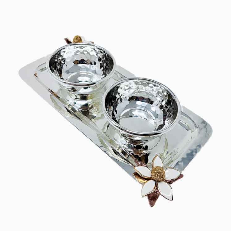 TWO BOWL ON RECTANGULAR TRAY WITH WHITE ENAMEL FLOWERS