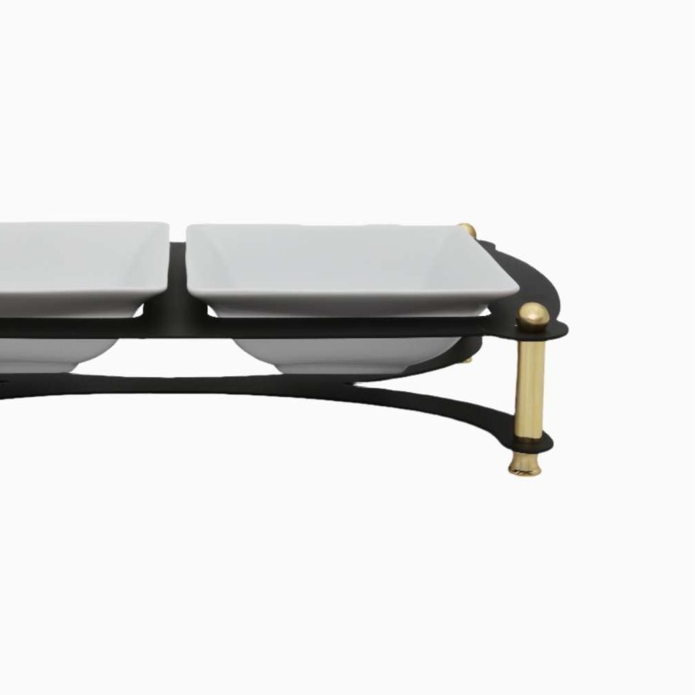 TWO SECTION WHITE SNACK BOWL ON BLACK AND GOLD STAND
