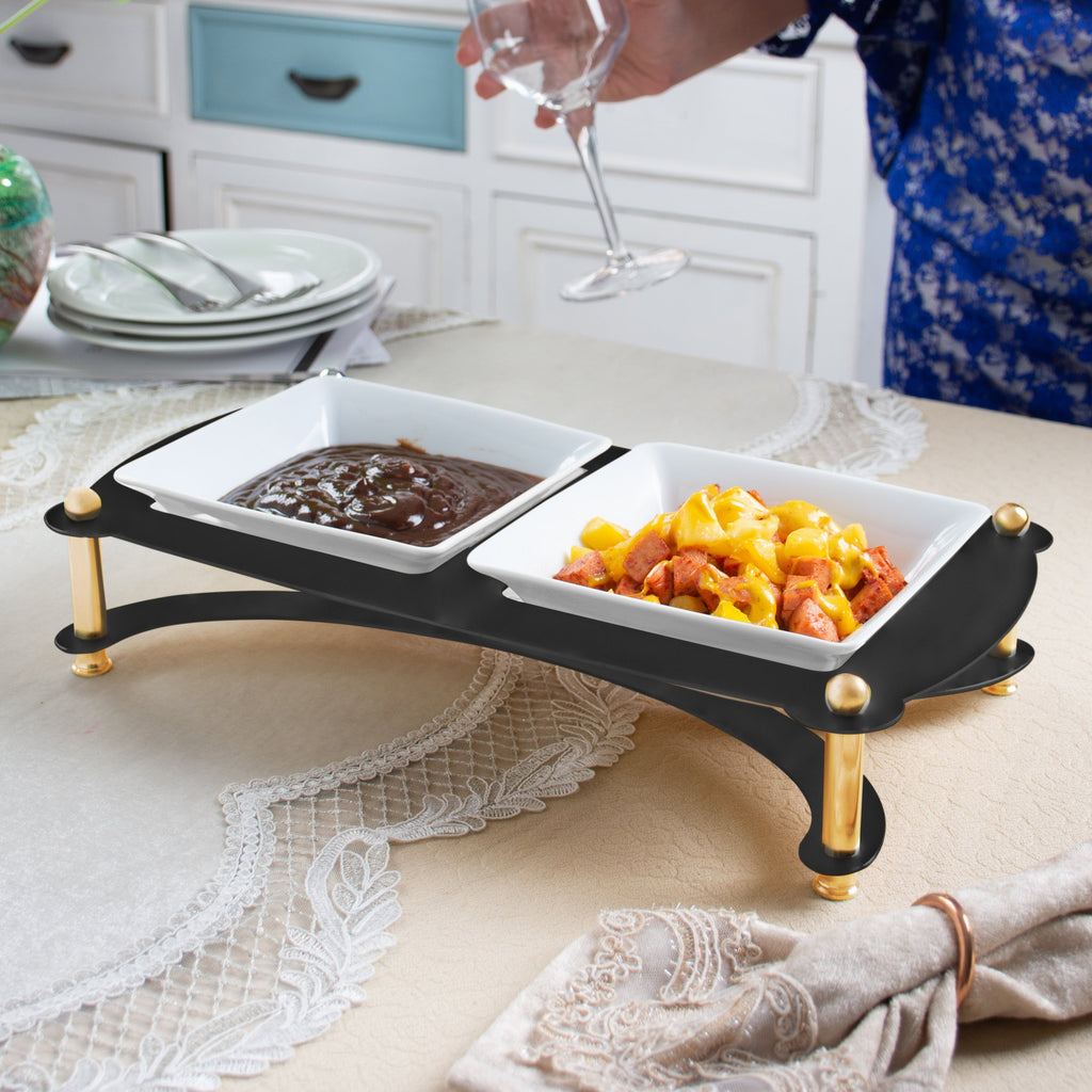 TWO SECTION WHITE SNACK BOWL ON BLACK AND GOLD STAND
