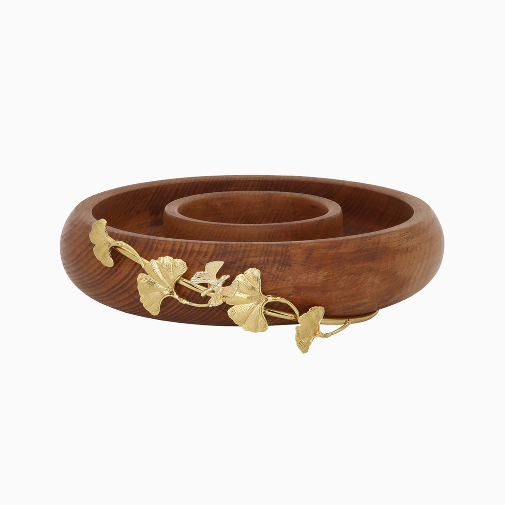 TWO SECTION WOODEN SNACK BOWL WITH GOLD BUTTERFLY. NOBLE HOME GIFTS