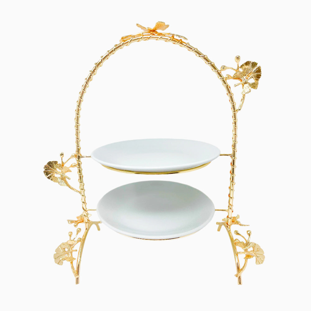 TWO TIERED PORCELAIN SERVING PLATE ON GOLDEN TONE STAND