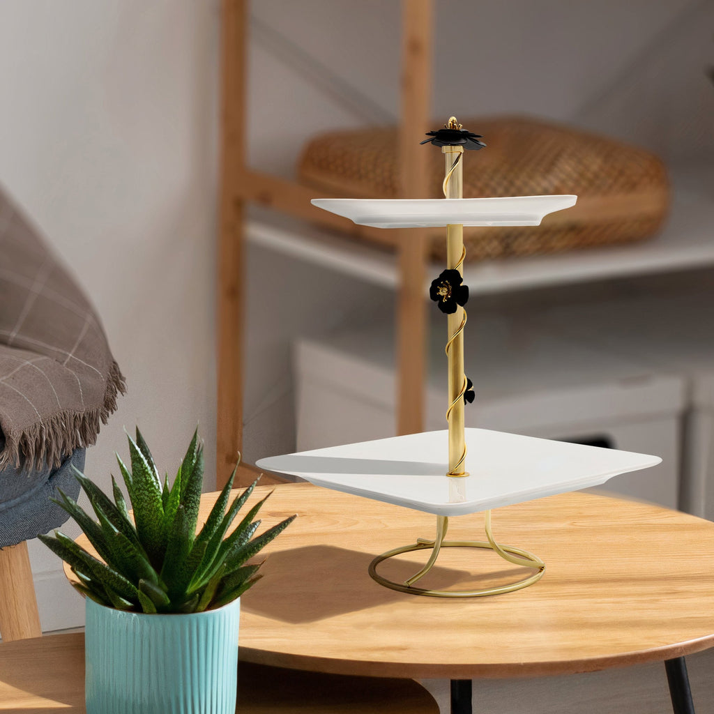 TWO TIER SERVING PLATE ON GOLDEN TONE STAND