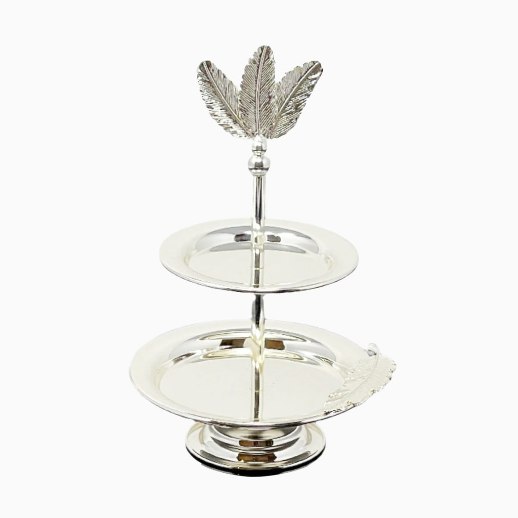 TWO TIERED SILVER SNACK PLATE, FEATHER LEAF - Noble Home Gifts 